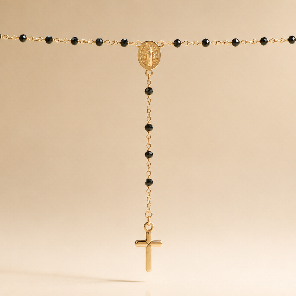 CHAPELET ISCHIA ONYX ET OR JAUNE